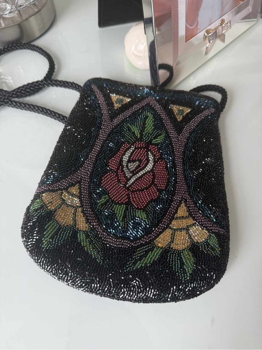 Beaded Floral Crossbody Bag - Black with Red Rose